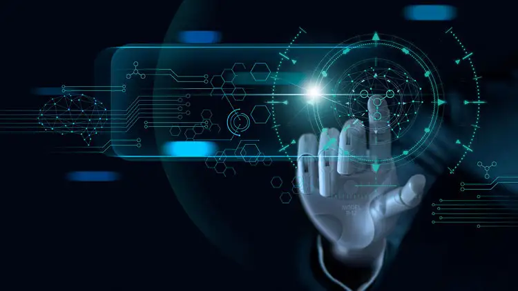 Robotic hand interacting with a digital AI network interface